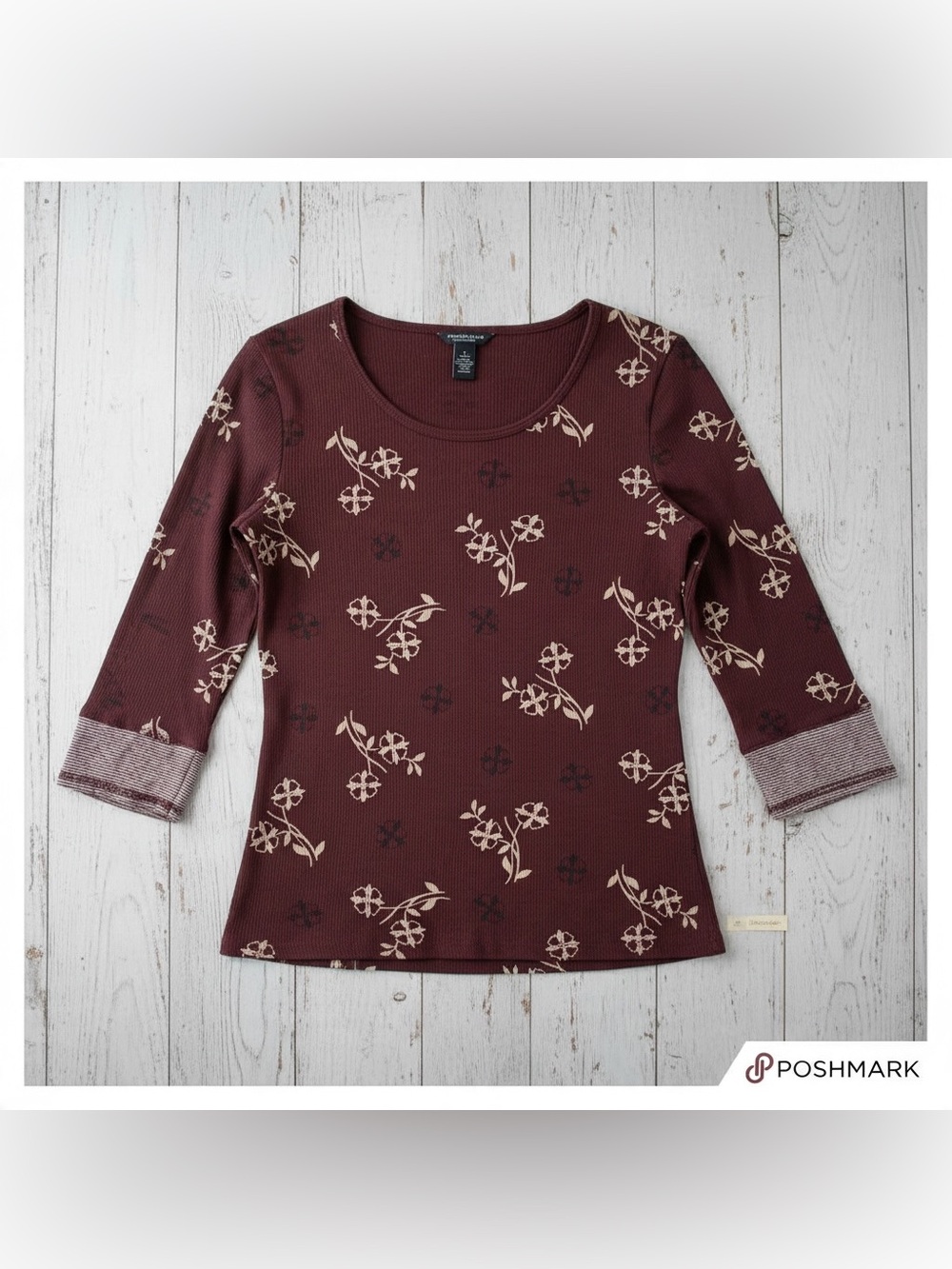 American Eagle Brown Floral Ribbed Long Sleeve Top Medium Cotton